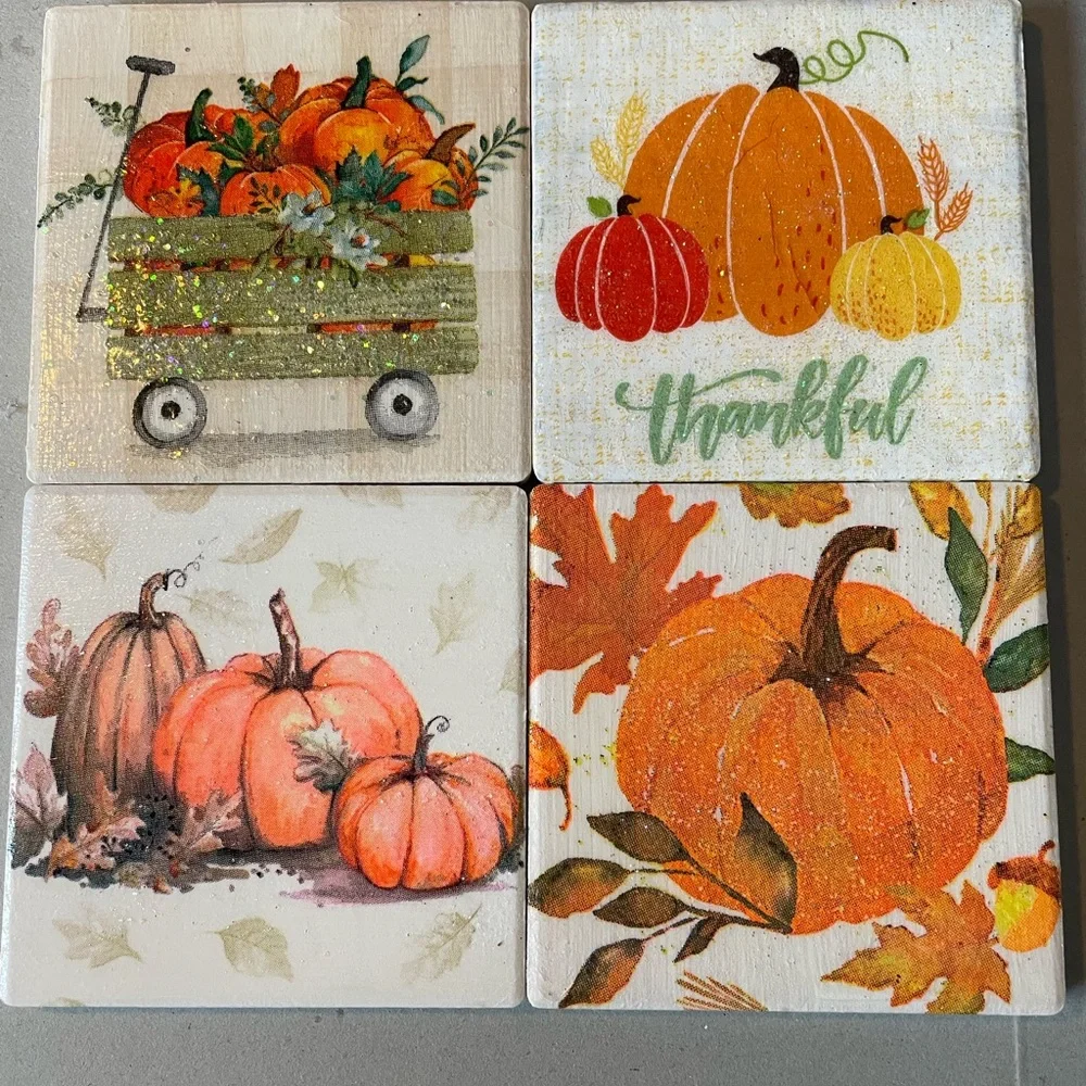 Hand Crafted Glittery Autumn Pumpkin Coasters - Orange and Green
